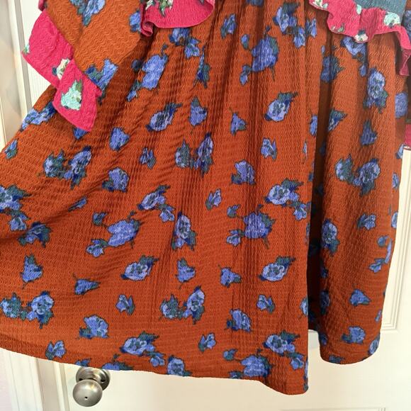 Anthropologie Mini Dress Size XL Ruffled Bell Sleeve Plunging V-Neck Floral - Picture 8 of 16